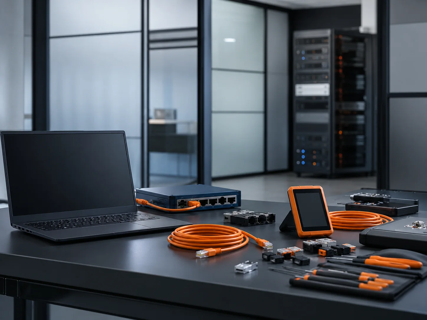 Bancada técnica com notebook, equipamentos de rede e ferramentas